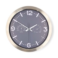 Nedis CLWA5226SS fali&oacute;ra, 30 cm &aacute;tm&eacute;rő,  rozsdamentes ac&eacute;l, csendes szerkezet: &oacute;ra, hőm&eacute;rő, p&aacute;ratartamom m&eacute;rő CLWA5226SS